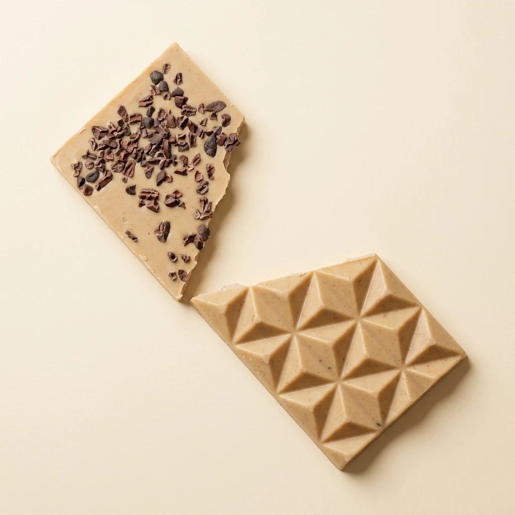 Belly Love Blonde Cashew Stracciatella – beide Seiten der Tafel: Kakaonibs-Seite und geometrisches Diamantmuster, bio, ohne Industriezucker