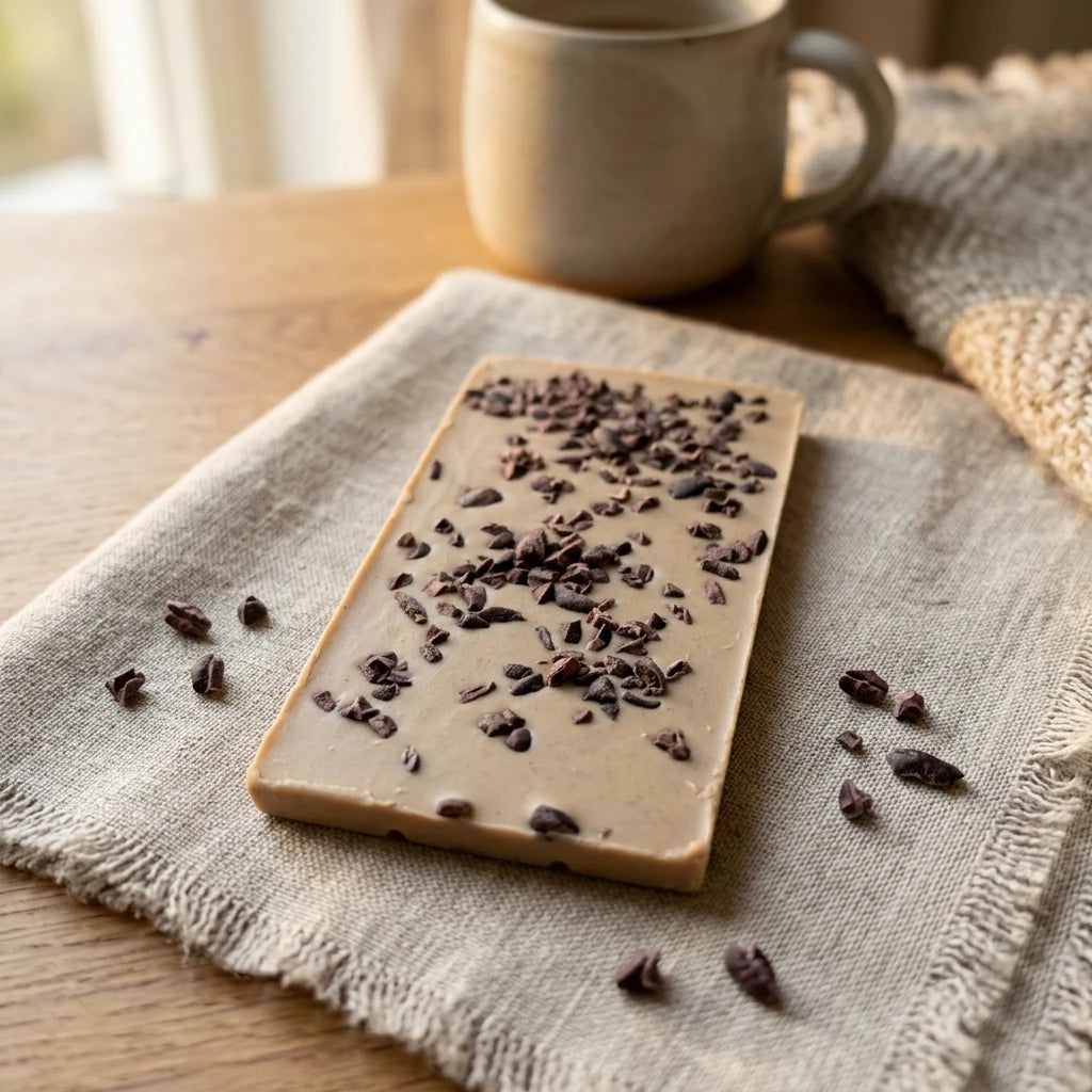 Belly Love Blonde Cashew Stracciatella auf Leinentuch – cremige bio Schokolade mit Kakaonibs, industriezuckerfrei, gemütlicher Genuss für zuhause
