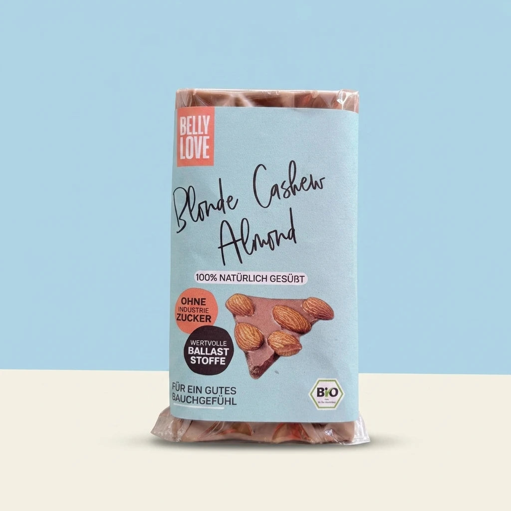 Belly Love Blonde Cashew Almond – Verpackung frontal, ohne Industriezucker, bio