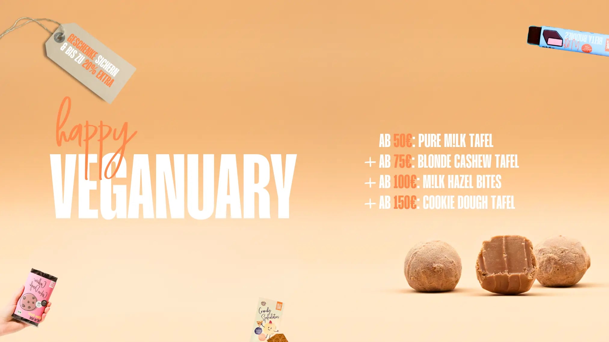 Mobile website header für happy veganuary mit verschiedenen Geschenken ab €50 Einkaufswert.
