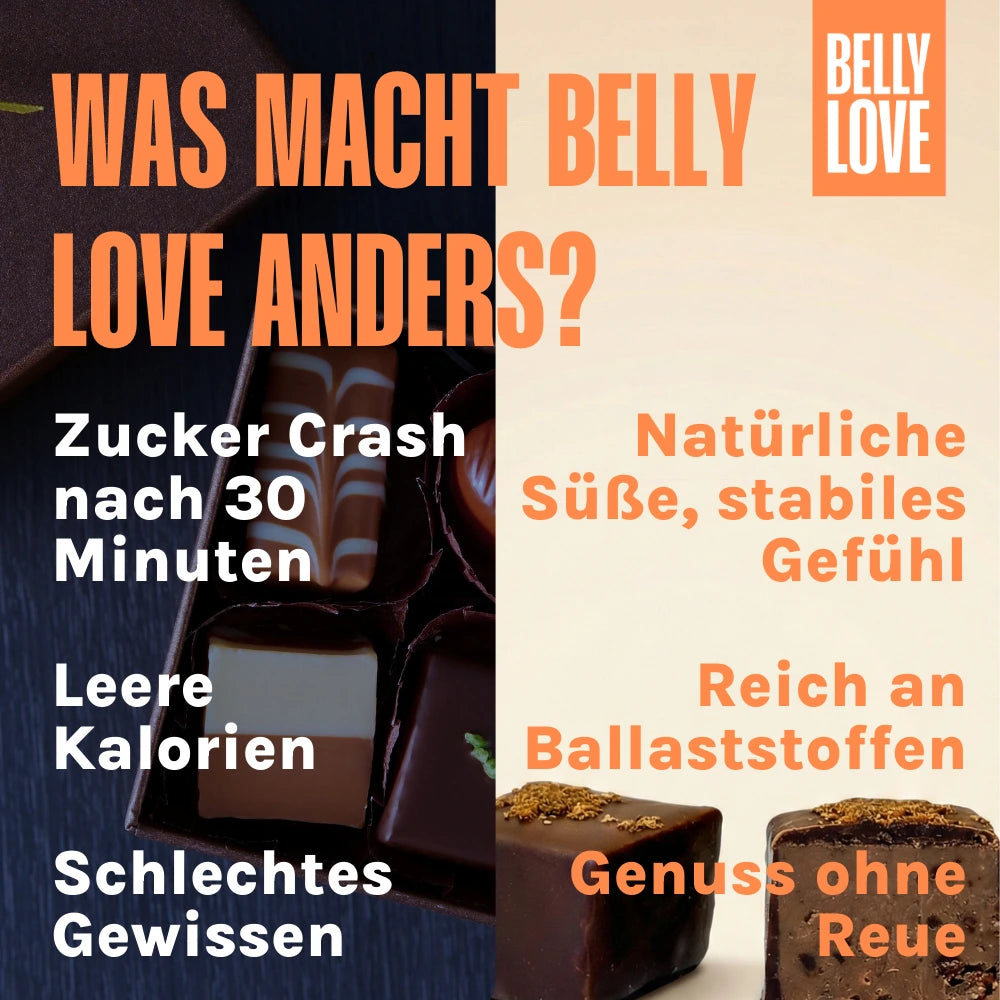 Vorteile von Belly Love gegenüber anderer Schokolade, stabile Energie, viele Ballaststoffe, kein schlechtes Gewissen