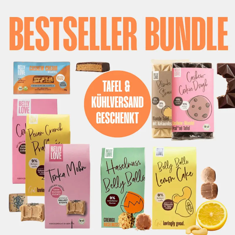 Bundle von Belly Love: Auswahl an Naschereien ohne Industriezucker, ballaststoffreich, bio und vegan. Wie Zitronenkuchen, Haselnuss, Cookie Dough.