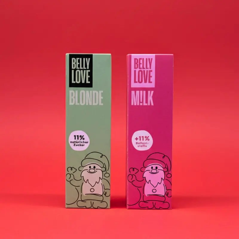 Belly Love Schoko Nikolaus – cremige Bio-Schokolade in Blond und M!lk, clean label, ballaststoffreich und vegan.