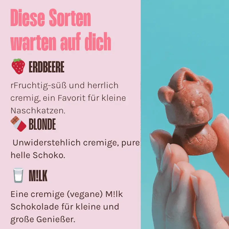 Sorten der Belly Love Tierische Freunde – Blonde, Milk und Erdbeere. Cremige, natürliche Schokotiere, industriezuckerfrei, mit weniger natürlichem Zucker, ideal für Kinder und bewusste Naschkatzen.