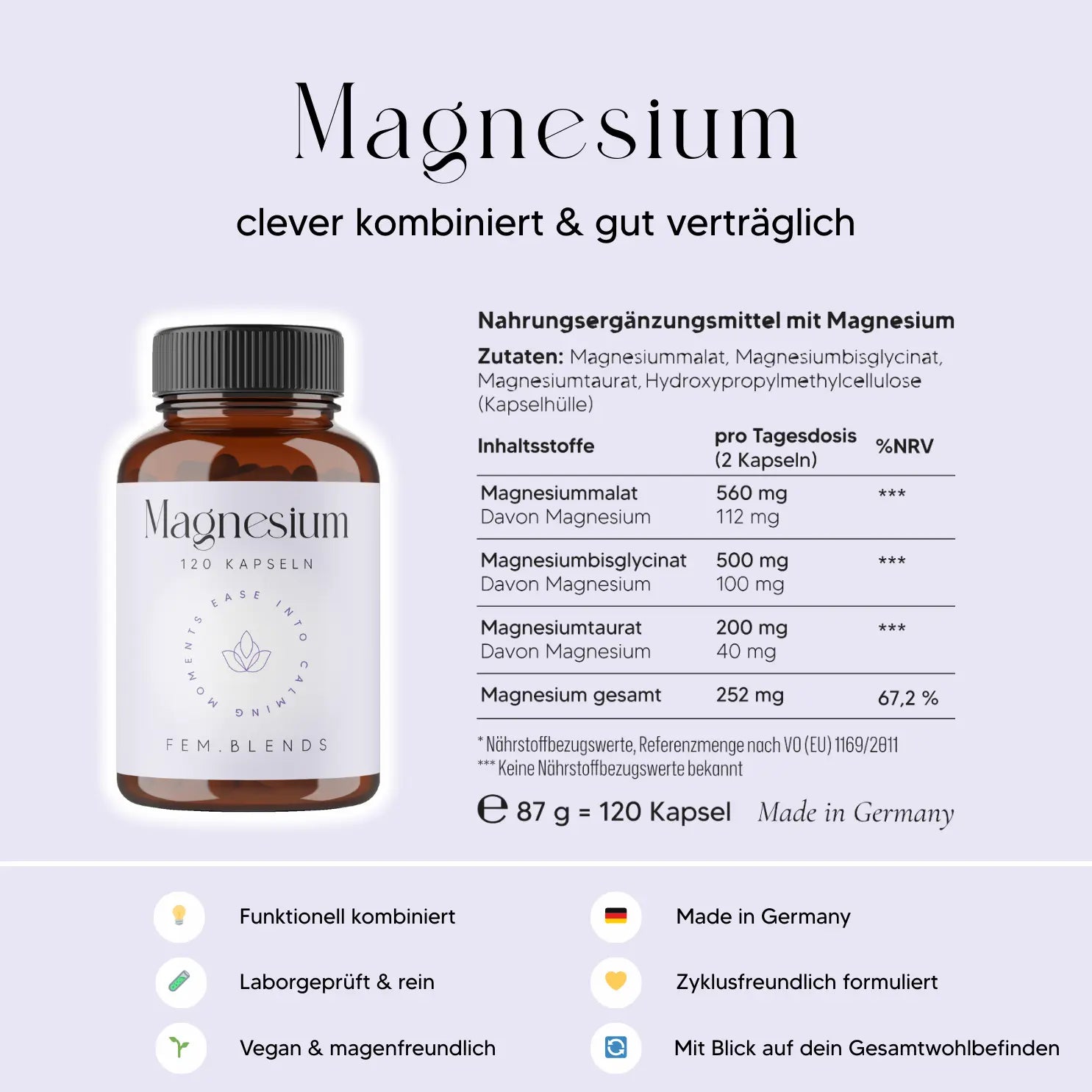 FEM Blends Magnesiumkapseln – Kombination aus Malat, Bisglycinat und Taurat mit Inhaltsstoffangaben