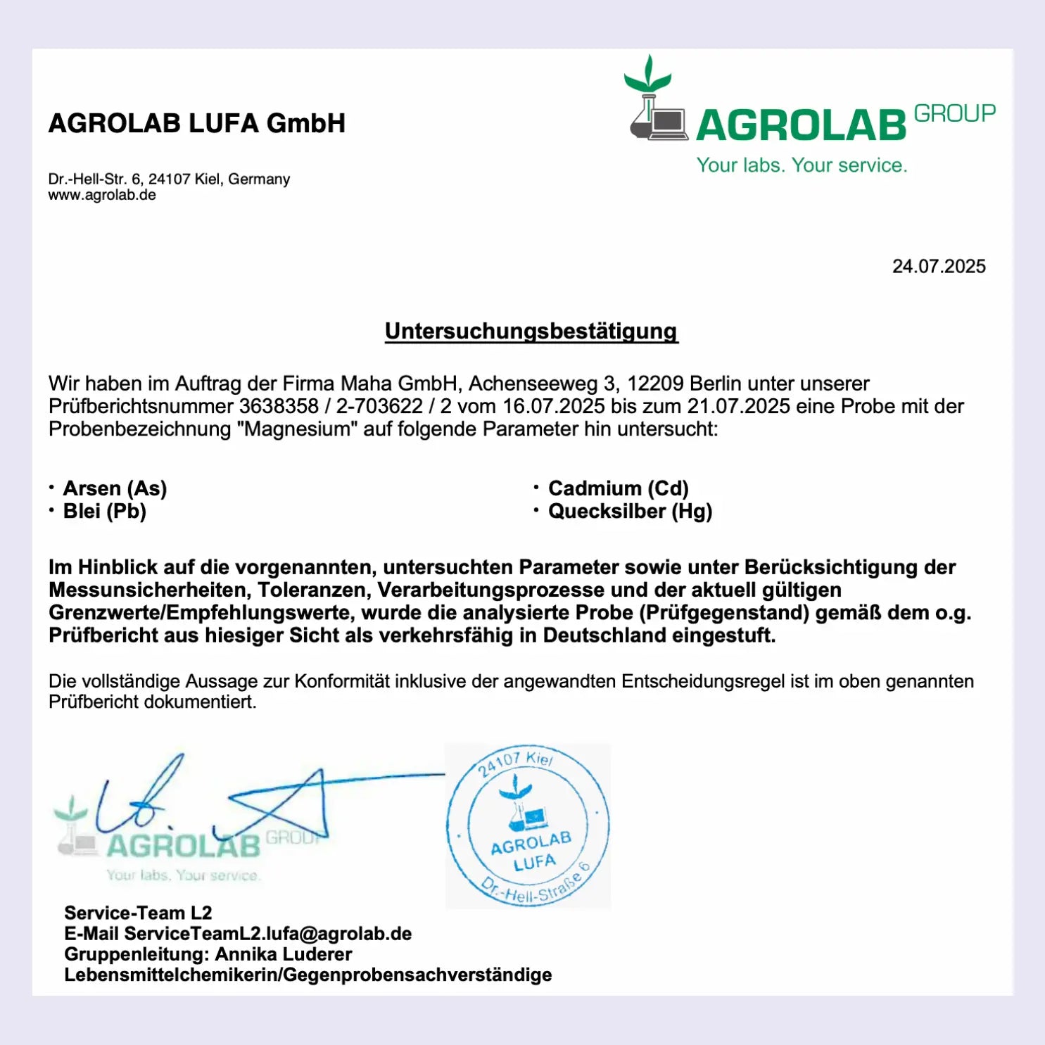 Laborbericht AGROLAB – geprüfte Magnesiumprobe auf Schwermetalle wie Arsen, Blei, Cadmium und Quecksilber