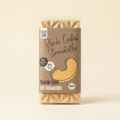 Belly Love Blonde Cashew Stracciatella – Kraft-Verpackung, bio-zertifiziert, 11% natürlicher Zucker, 9% Ballaststoffe, Blonde Tafel mit Kakaonibs