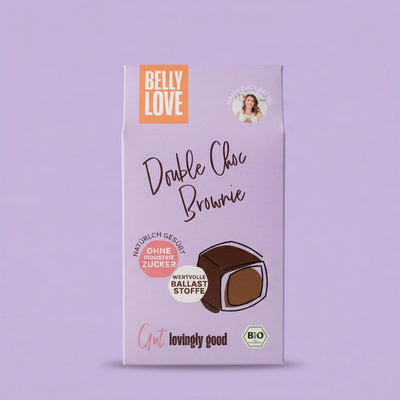 Belly Love Double Choc Brownie – Verpackung Frontansicht, Backmix ohne Industriezucker, bio