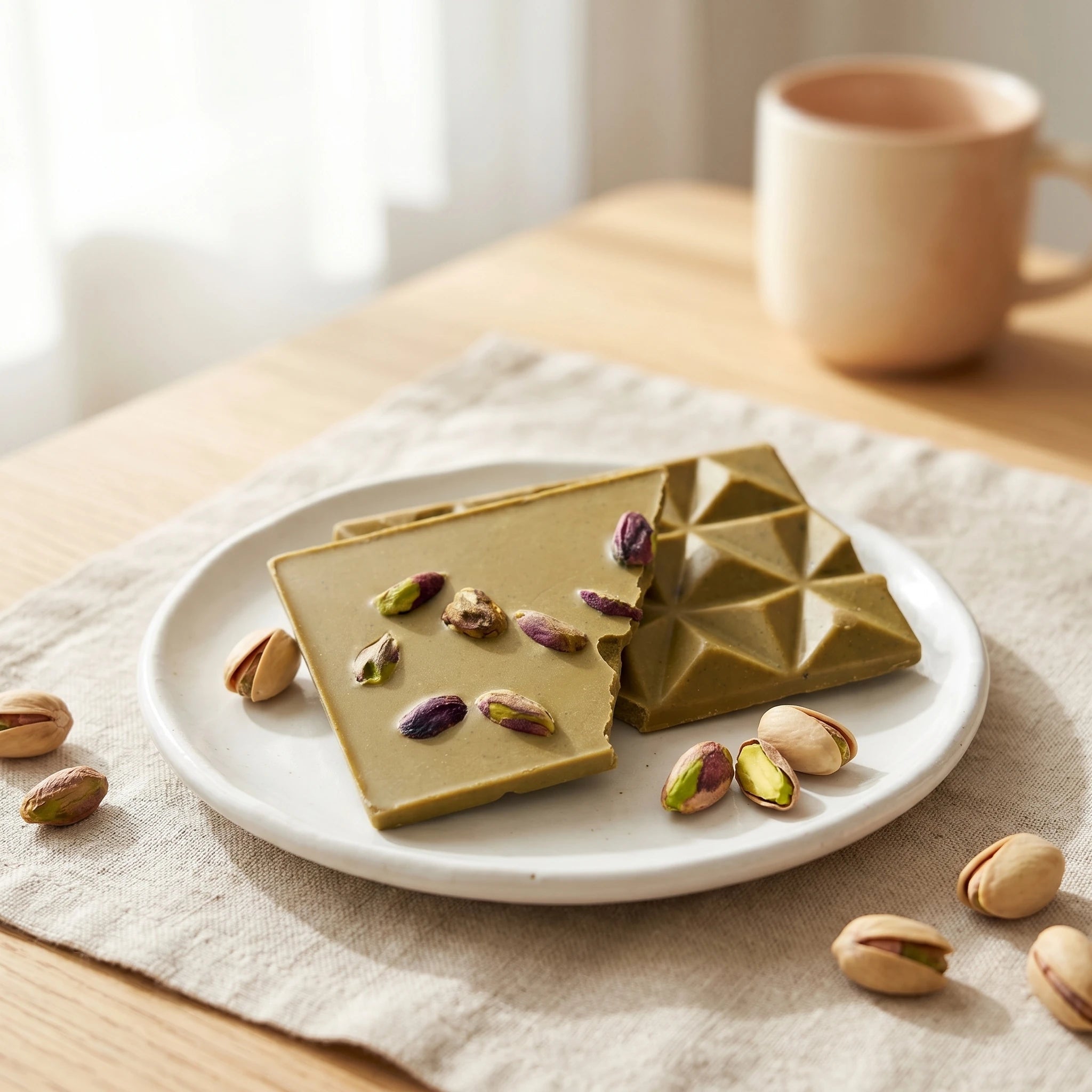 Belly Love Blonde Pistachio – gemütliche Szene mit Pistazien-Schokolade, ohne Industriezucker
