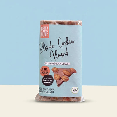 Belly Love Blonde Cashew Almond – Verpackung frontal, ohne Industriezucker, bio