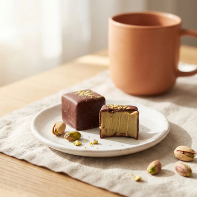 Belly Love Pistachio Pralinés auf weißem Teller mit Pistazien – ohne Industriezucker