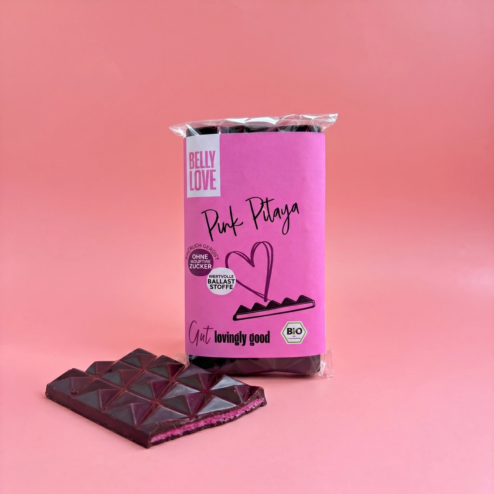 Belly Love Pink Pitaya Tafel – Verpackung frontal, Schokolade ohne Industriezucker, bio