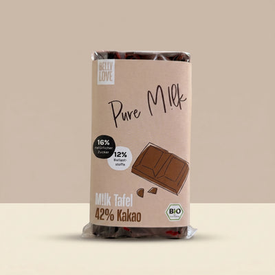 Belly Love Pure M!lk Tafel – Packaging Hero, Milchschokolade 42% Kakao ohne Industriezucker, bio
