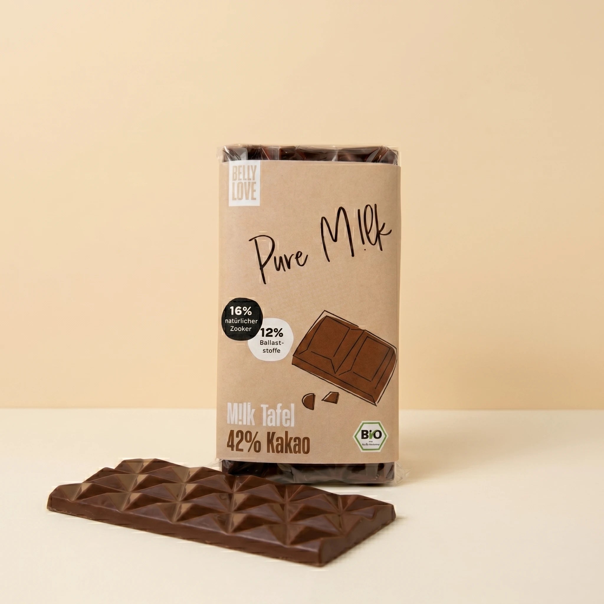 Belly Love Pure M!lk Tafel – Verpackung und Schokoladentafel, industriezuckerfrei, bio