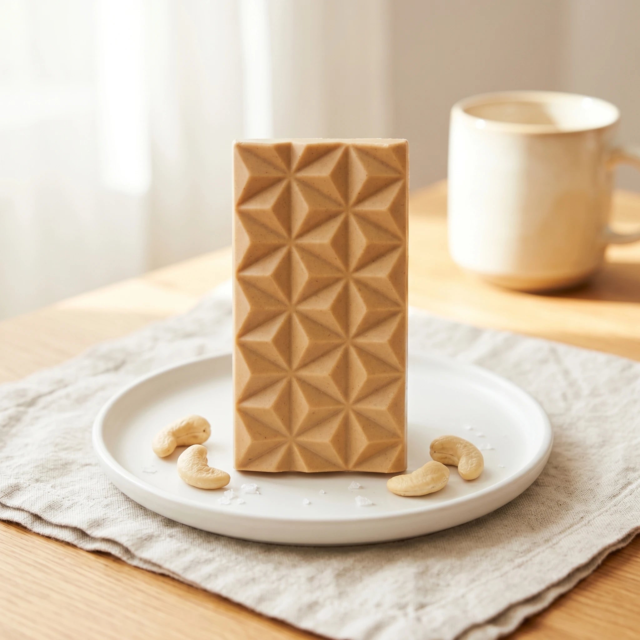 Belly Love Blonde Cashew Salted Tafel auf Teller mit Cashews, Bio-Schokolade