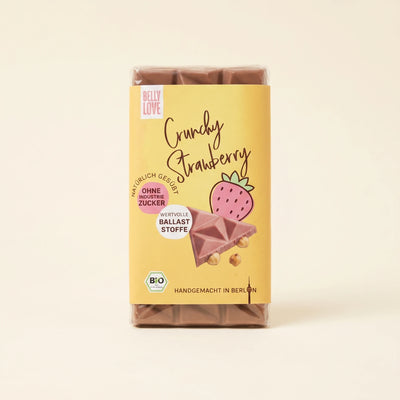 Belly Love Crunchy Strawberry – Packaging Hero, Schokoladentafel ohne Industriezucker, bio