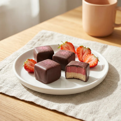 Belly Love Strawberry Cheesecake Pral*nen mit frischen Erdbeeren – bio, sommerlich