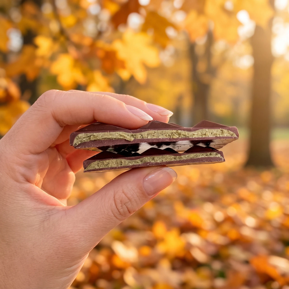 Belly Love Creamy Pumpkin Seed – Tafelstück in herbstlichem Park, cremige Kürbiskernfüllung
