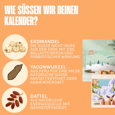 Natürliche Süßungsmittel und Zuckeralternativen im Belly Love Adventskalender: Erdmandeln, Yacon und Datteln statt Industriezucker, Erythrit, Stevia und Agavendicksaft