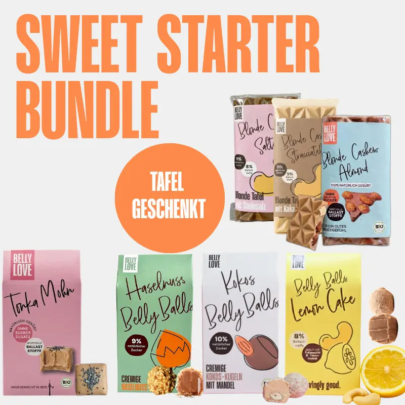 Belly Love Sweet Starter Bundle Produkte: Sweets mit heller Alternative zu weißer Schokolade. Ohne Industriezucker, bio, vegan, unverschämt lecker