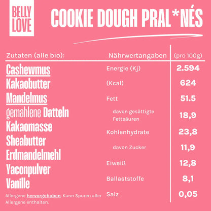 Tabelle mit Nährwerten und Zutaten von Bio Pralinen Cookie Dough von Belly Love