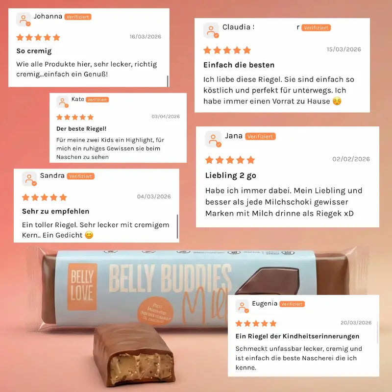 Bewertungen zum Belly Love Riegel, industriezuckerfrei, bio und vegan, im Bundle zum Probieren.