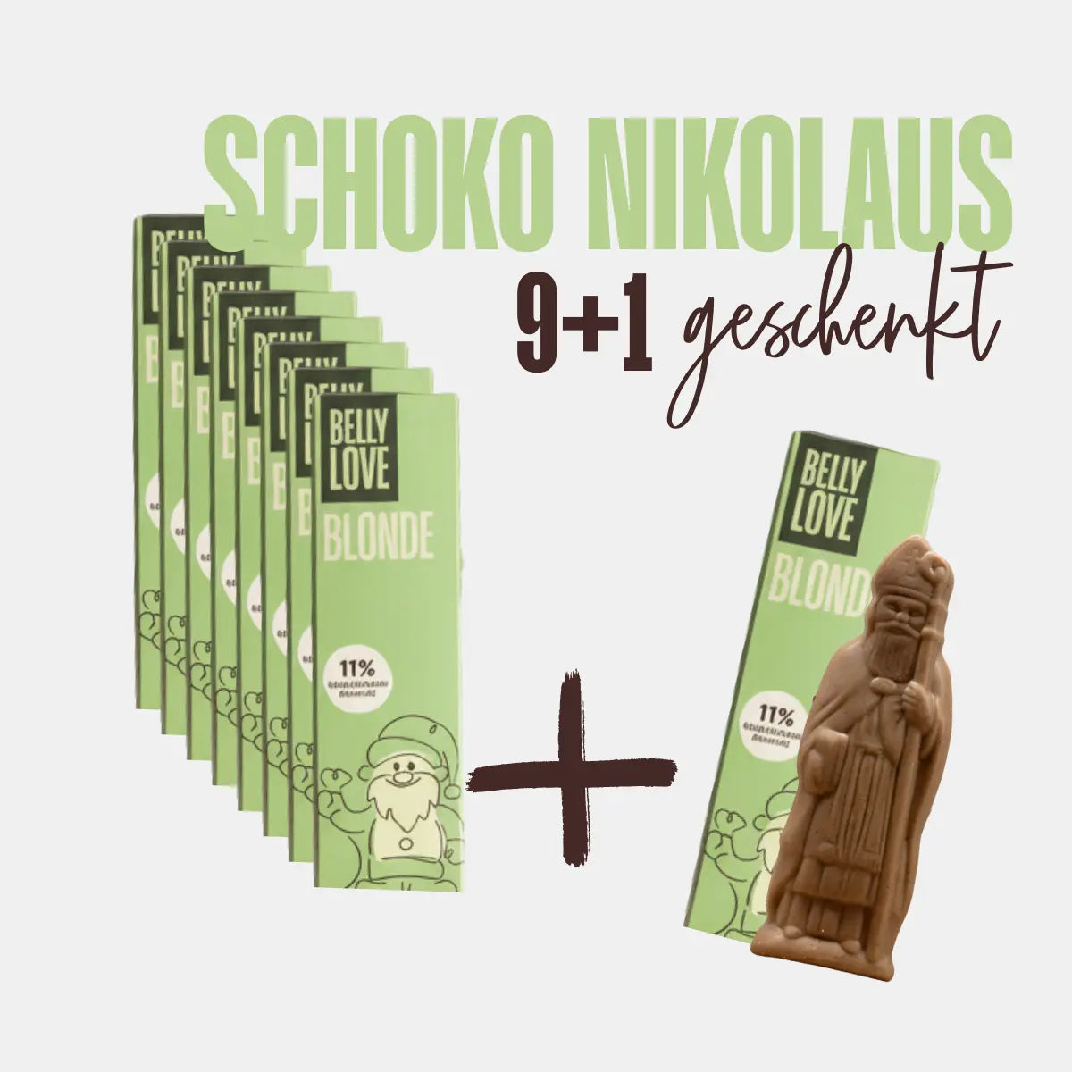 Schokonikolaus von Belly Love in Sorte Blond als Bundle mit 10 Stück, alle industriezuckerfrei, vegan und mit 70% weniger Zucker.