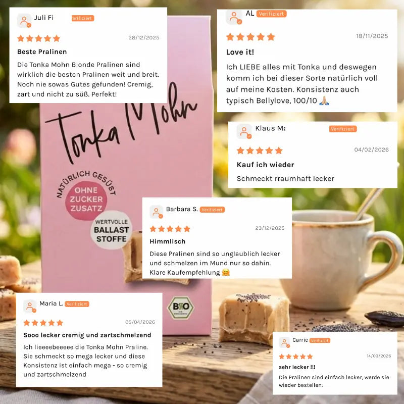 Bewertungen zur Tonka Mohn Pral*ne (wie eine Praline) in unserer Version einer weißen Schokolade - ohne Zuckerzusatz, bio und vegan.