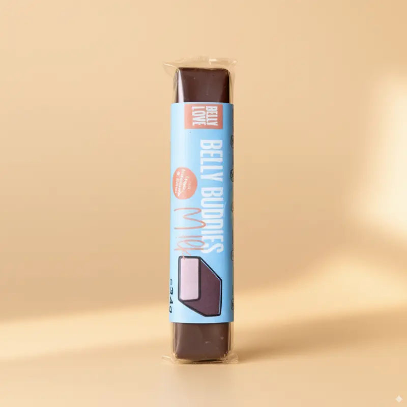 Belly Love Belly Buddies M!lk – cremiger Bio-Schokoriegel mit natürlicher Süße aus Datteln und Yacon, ballaststoffreich und clean.