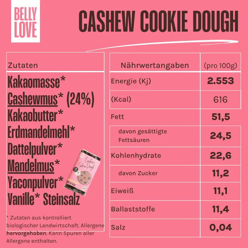 Zutaten der Belly Love Cashew Cookie Dough Tafel – bio, industriezuckerfrei, mit Cashewmus, Erdmandel-Alternative zu Schokolade.