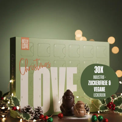 Belly Love Christmas Adventskalender – 30 vegane, industriezuckerfreie Bio-Pralinen, natürliche Zutaten, handgemacht in Berlin.