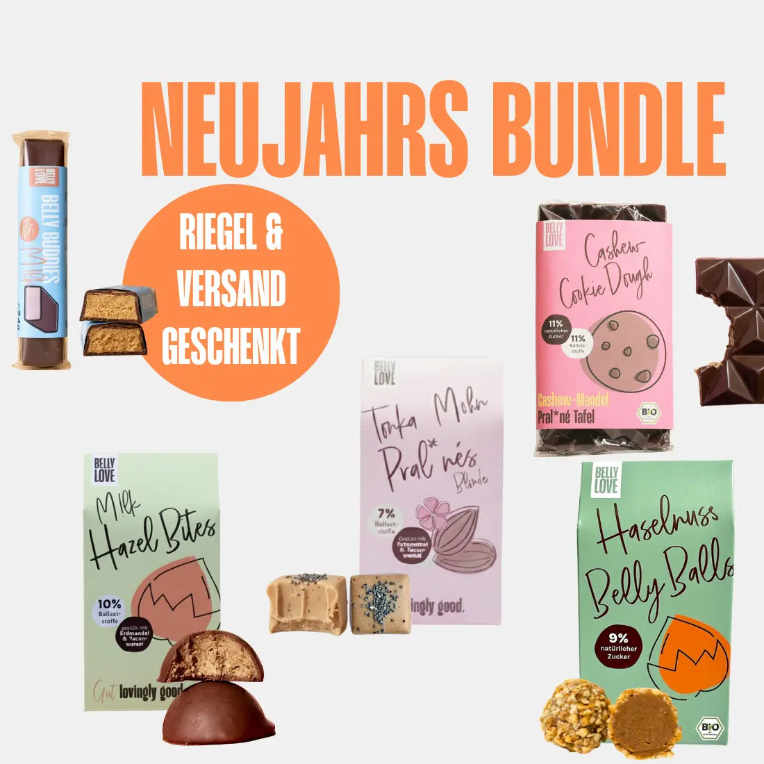 Neujahrs Bundle von Belly Love: bio & vegan snacken ohne Zuckerzusatz – Riegel und Versand geschenkt.