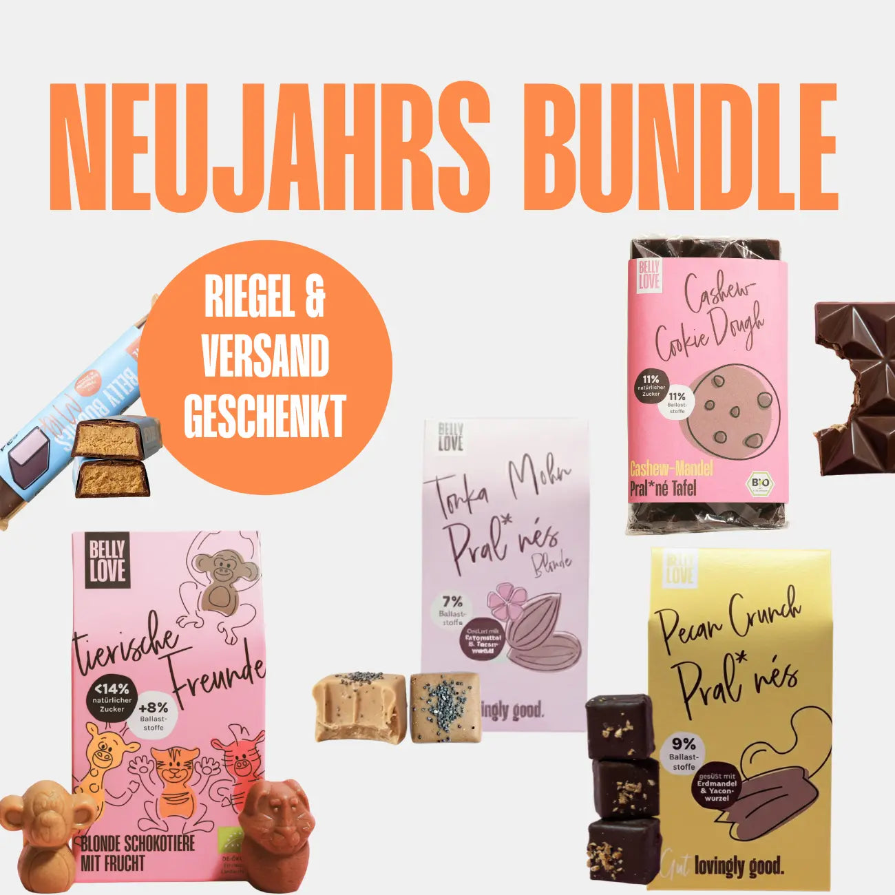 Neujahrs Bundle von Belly Love: bio & vegan snacken ohne Zuckerzusatz – Riegel und Versand geschenkt.