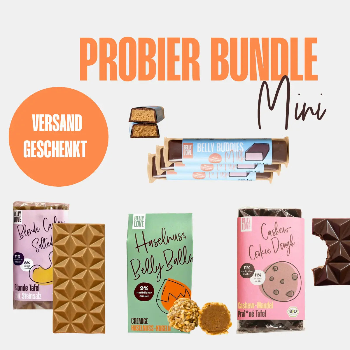 Probier Bundle Mini von Belly Love: bio, vegan & ohne Zuckerzusatz – natürlich süß, Versand geschenkt.