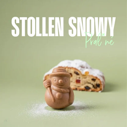 Stollen Schneemann Praliné von Belly Love – cremige Bio-Schokolade mit Stollengeschmack, vegan und frei von Industriezucker.