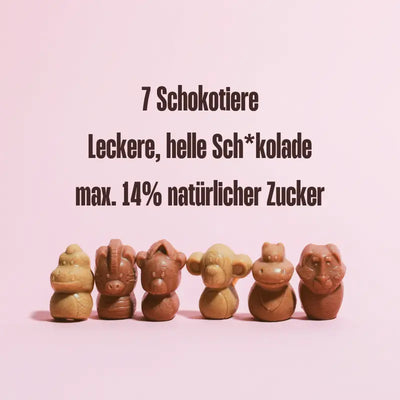 Sieben Belly Love Tierische Freunde Schokofiguren – helle, cremige Bio-Alternative zu Schokolade mit maximal 14 % natürlichem Zucker und hohem Ballaststoffgehalt. Perfekt  zum Naschen für Kinder.