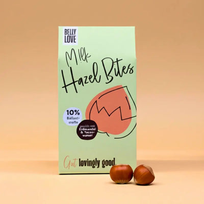 Belly Love Hazel Bites – cremiger crunchy Haselnuss-Snack ohne Industriezucker mit veganer sanfter Alternative zu klassischer Schokolade, mit natürlicher Süße. Perfekt als Geschenk, schöne Verpackung