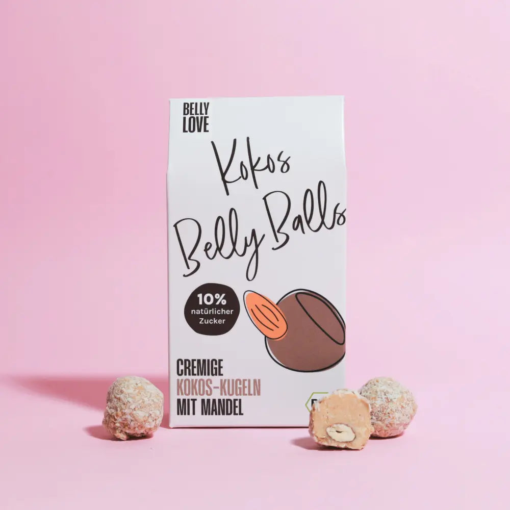 Belly Love Kokos Mandel Praline / Belly Bliss Balls mit ganzer Mandel – äußere Hülle aus Kokosraspeln ohne Industriezucker, cremig