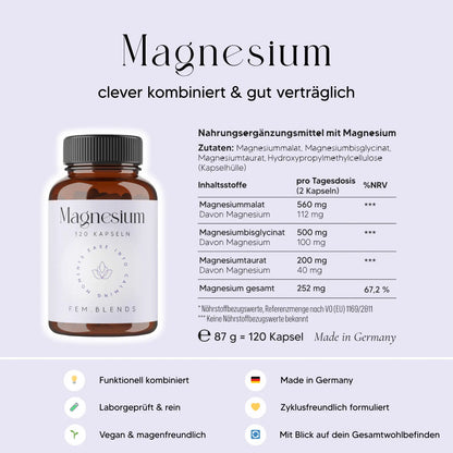 FEM Blends Magnesiumkapseln – Kombination aus Malat, Bisglycinat und Taurat mit Inhaltsstoffangaben