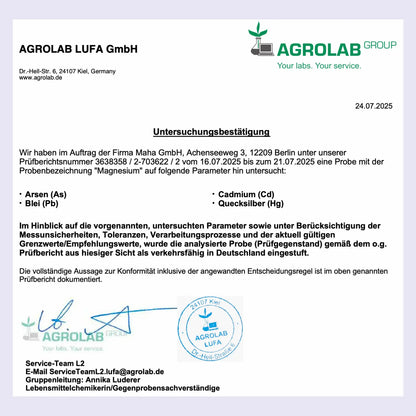 Laborbericht AGROLAB – geprüfte Magnesiumprobe auf Schwermetalle wie Arsen, Blei, Cadmium und Quecksilber